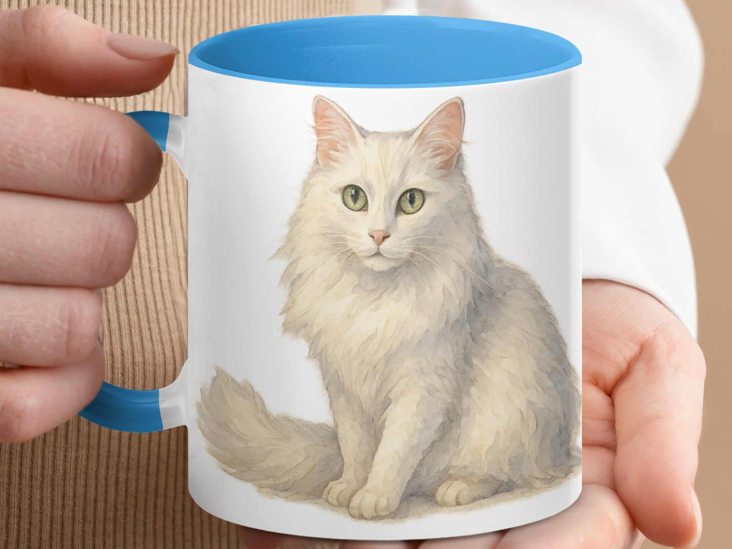 Adorable White Cat Blue Handle Coffee Mug Product