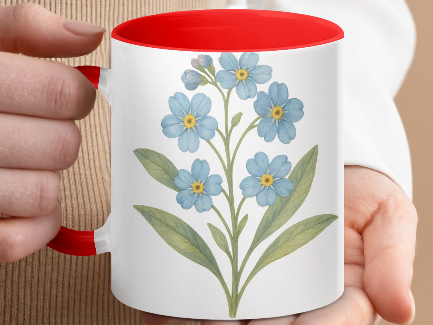 Blue Flower Illustration on White and Red Mug product type