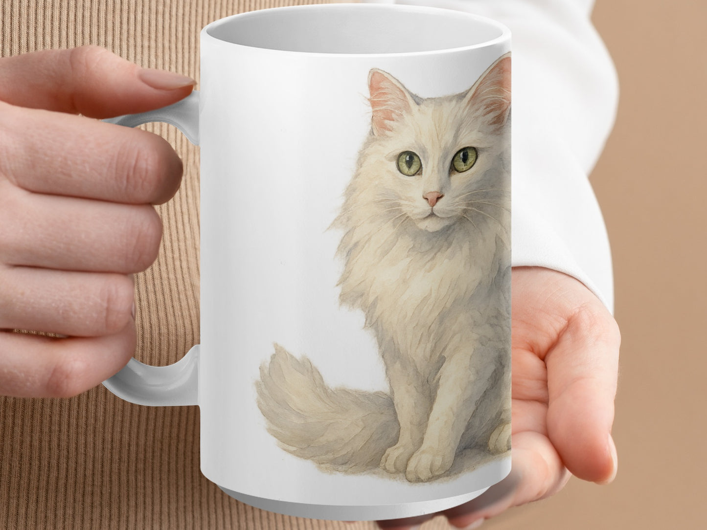 Cute Fluffy Cat Illustration on White Coffee Mug product