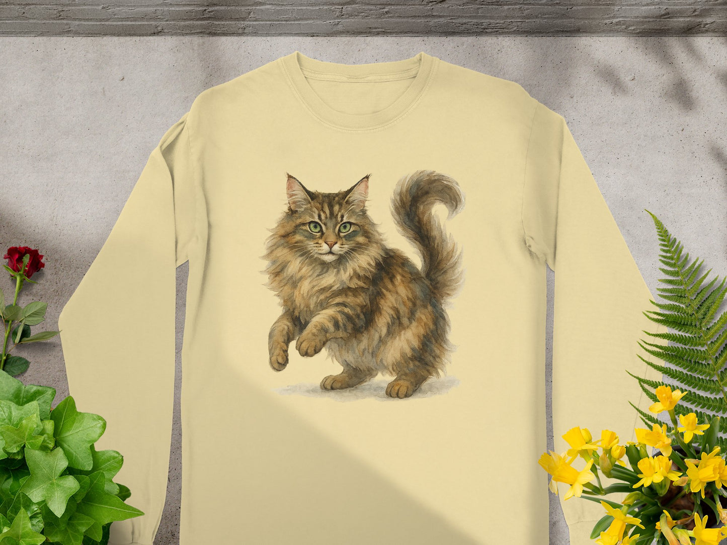 Adorable Furry Cat Illustration on Beige Shirt product type