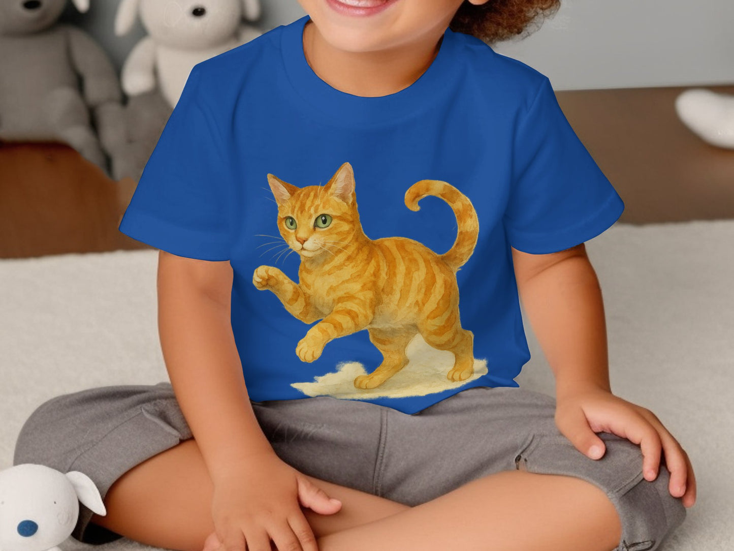 Playful Orange Cat on Kids Blue T-shirt product type