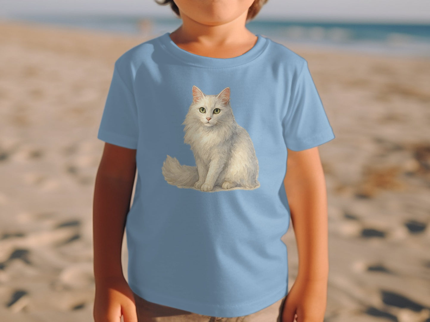 Cute White Cat Print Blue T-Shirt for Kids product