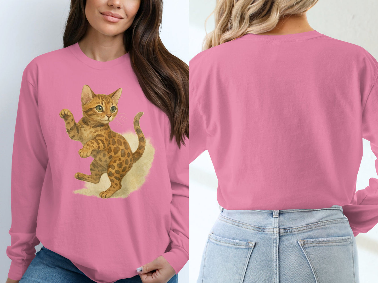 Cute Cat Print Long Sleeve Pink Shirt product