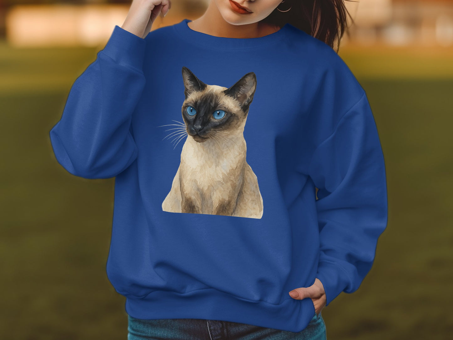 Blue Sweatshirt with Siamese Cat Print product