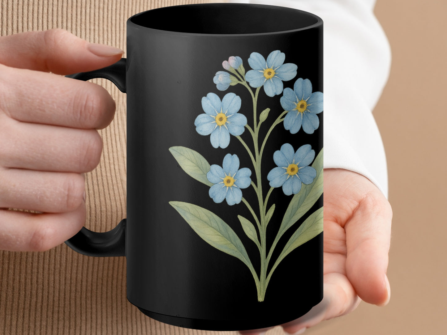 Blue Flower Design on Black Background Mug product type