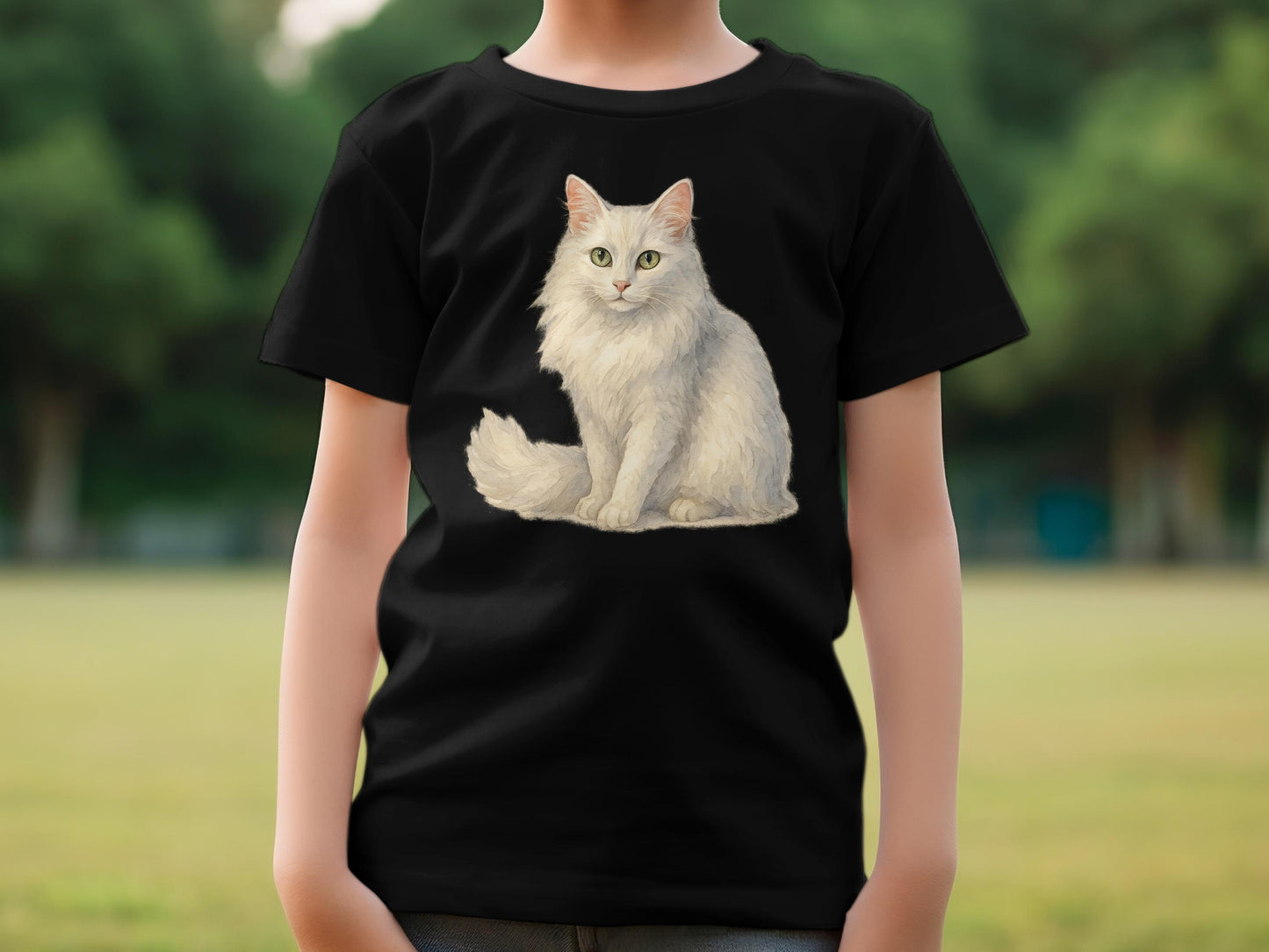 Cute White Cat Illustration on Black T-Shirt product