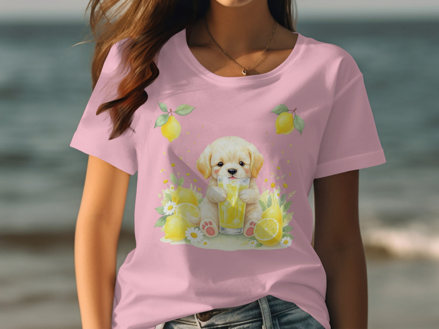 Adorable Puppy with Lemon Drink Print T-shirt product