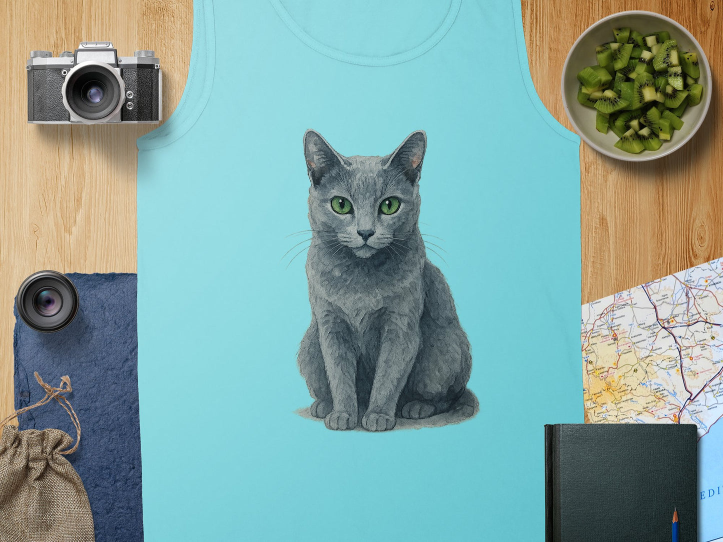 Cat Illustration on Light Blue Tank Top product type