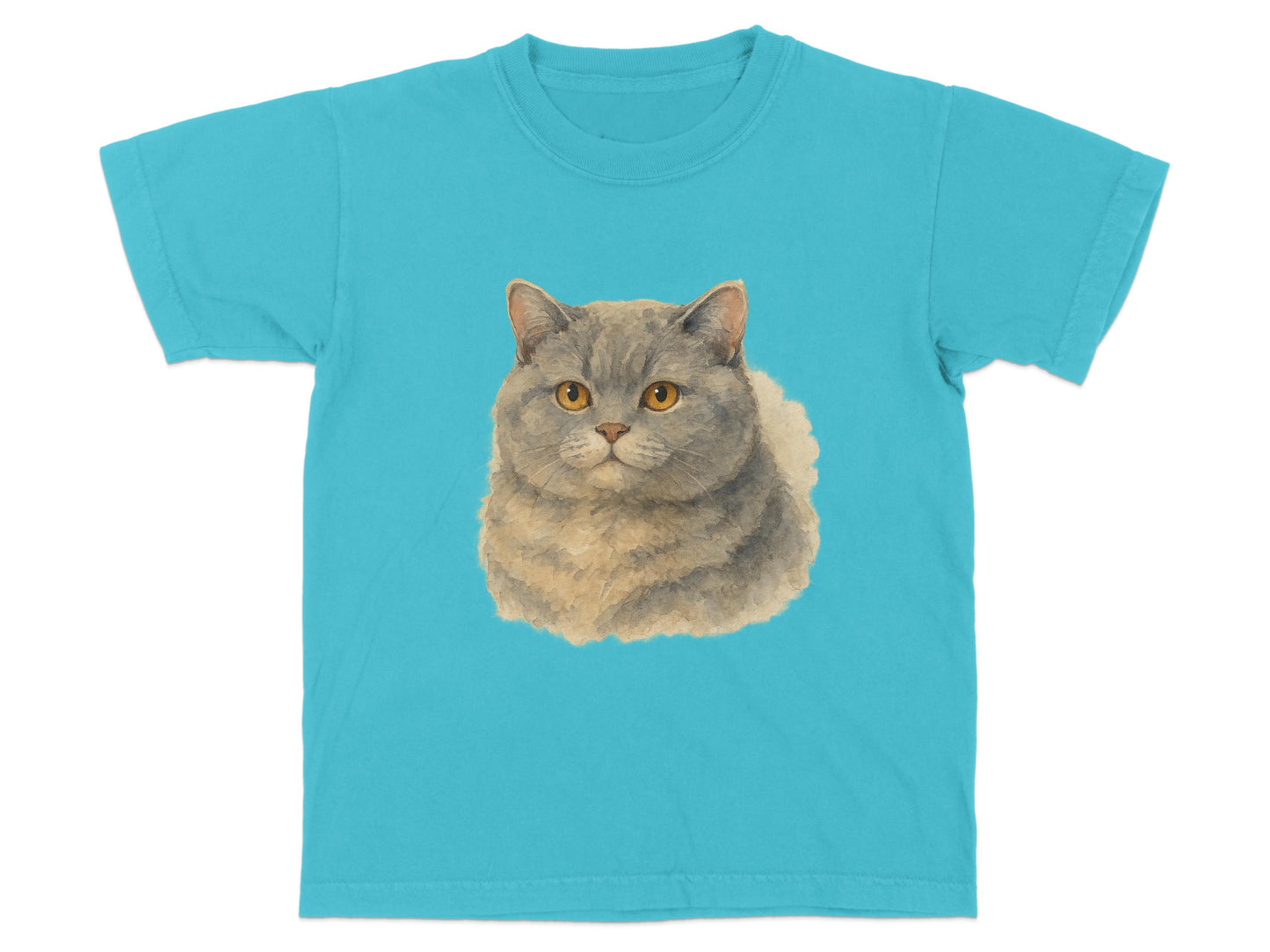 Fluffy Grey Cat Face Teal Short Sleeved T-Shirt product