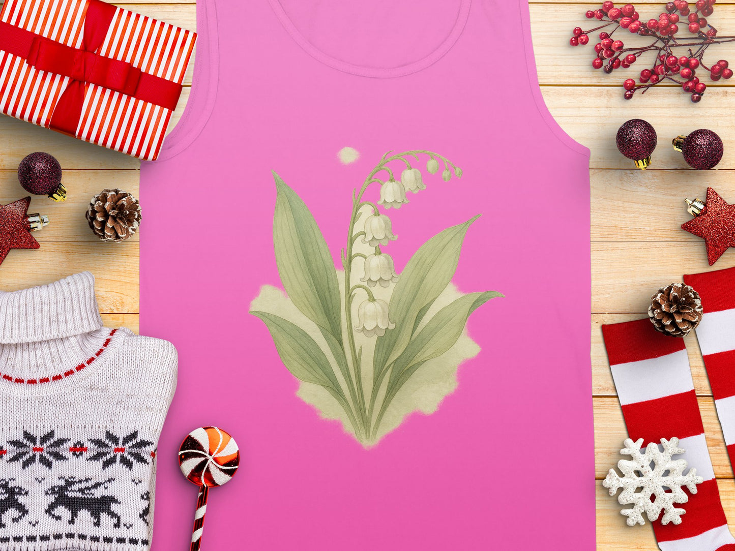 Festive Pink Tank with Lily of the Valley Design product