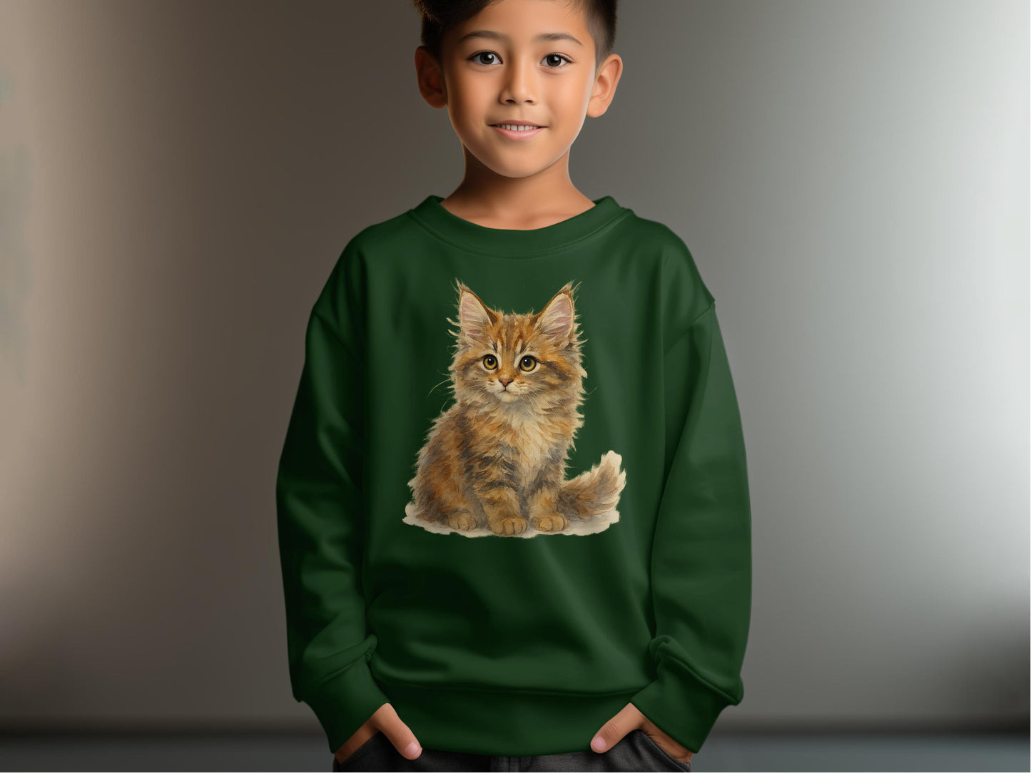 Cute Cat Design Green Sweatshirt for Kids product