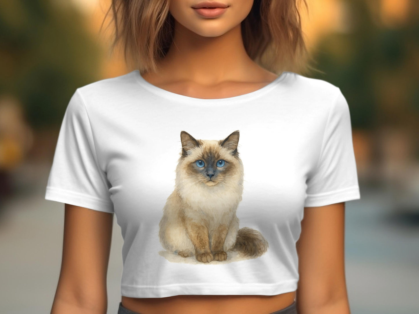 Cute Blue-Eyed Cat Printed White Crop Top product