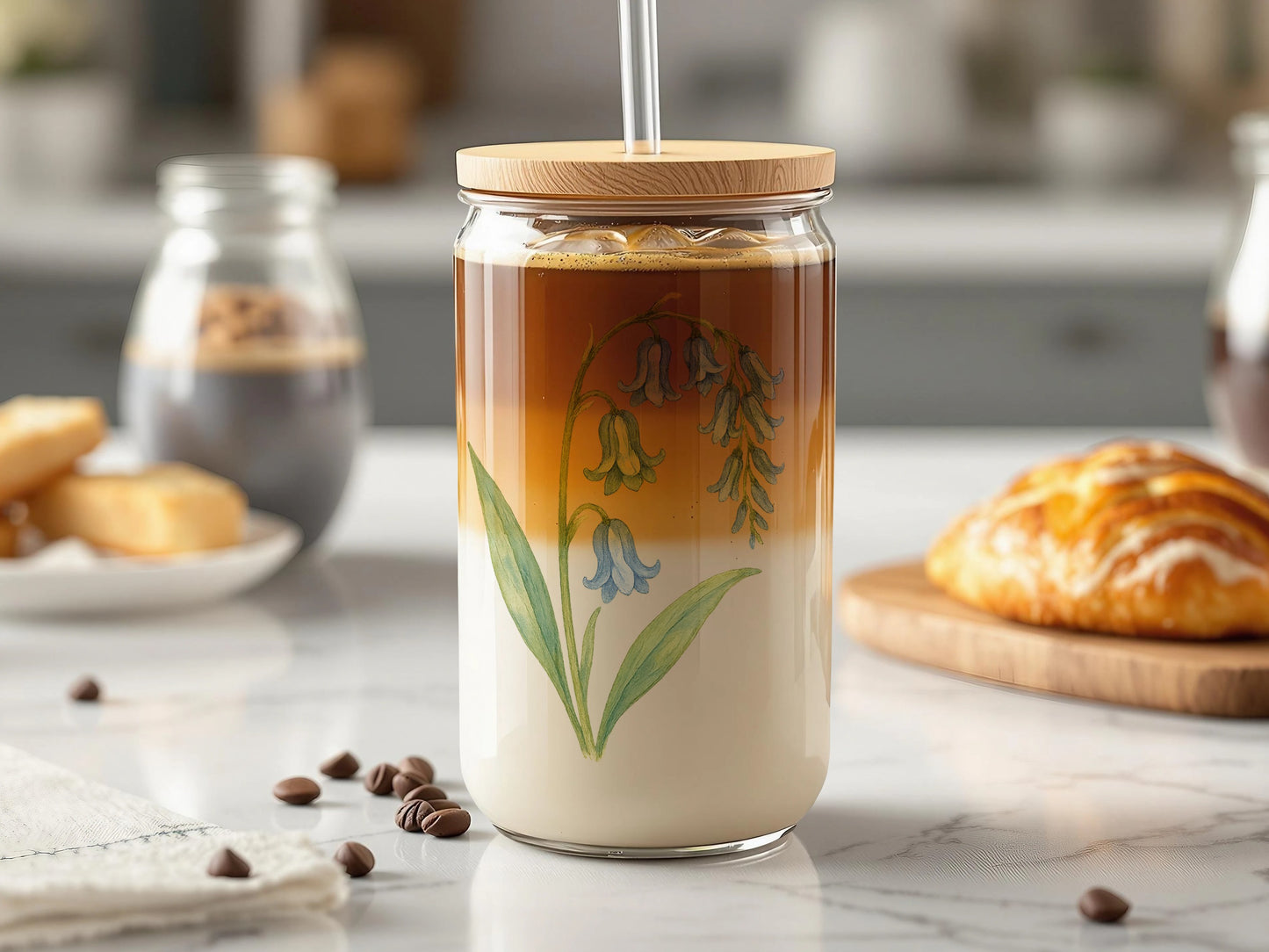 Botanical Flower Design Glass Tumbler with Lid product