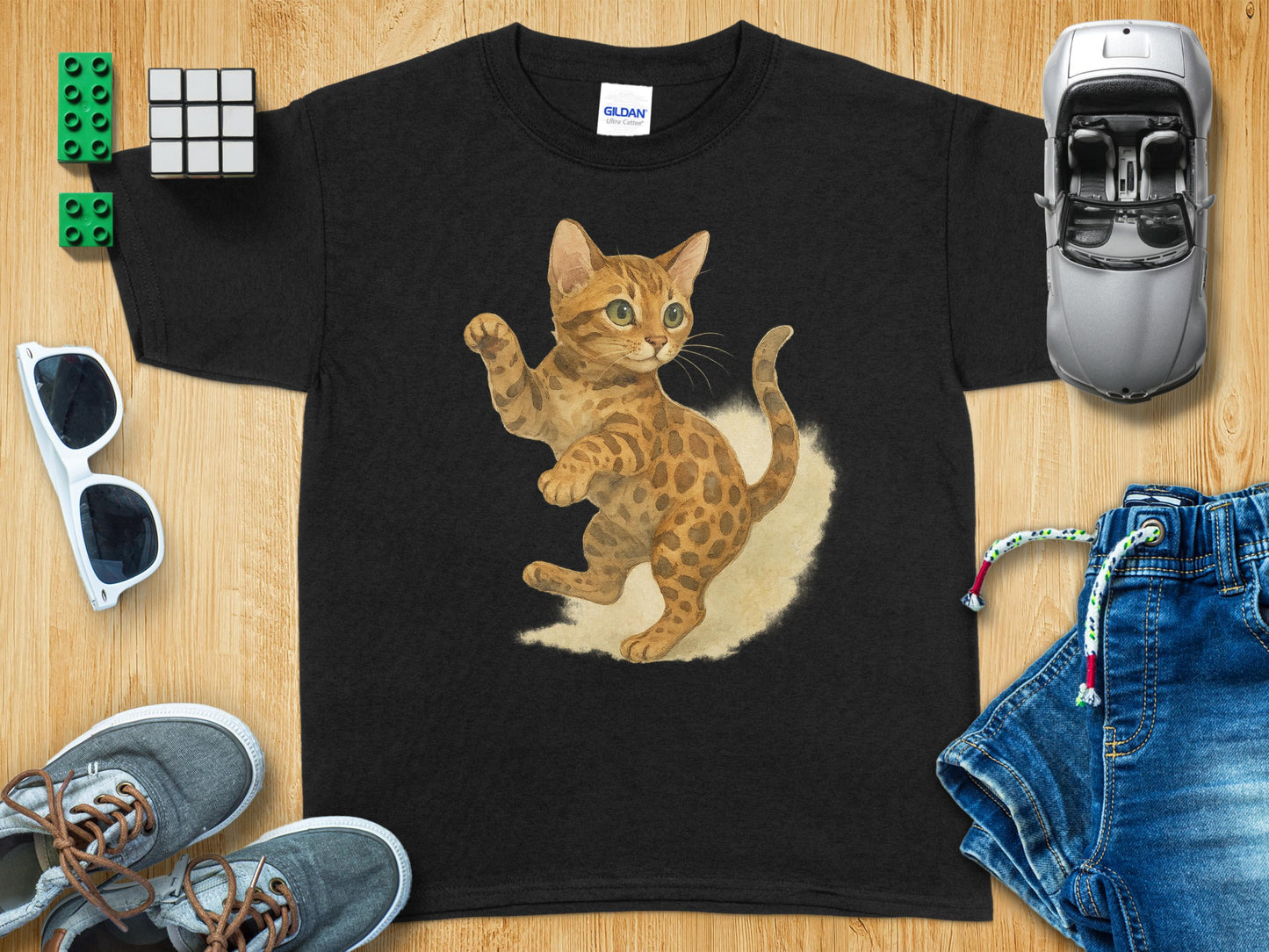 Cute Playful Kitten Graphic on Black Kids T-Shirt Product