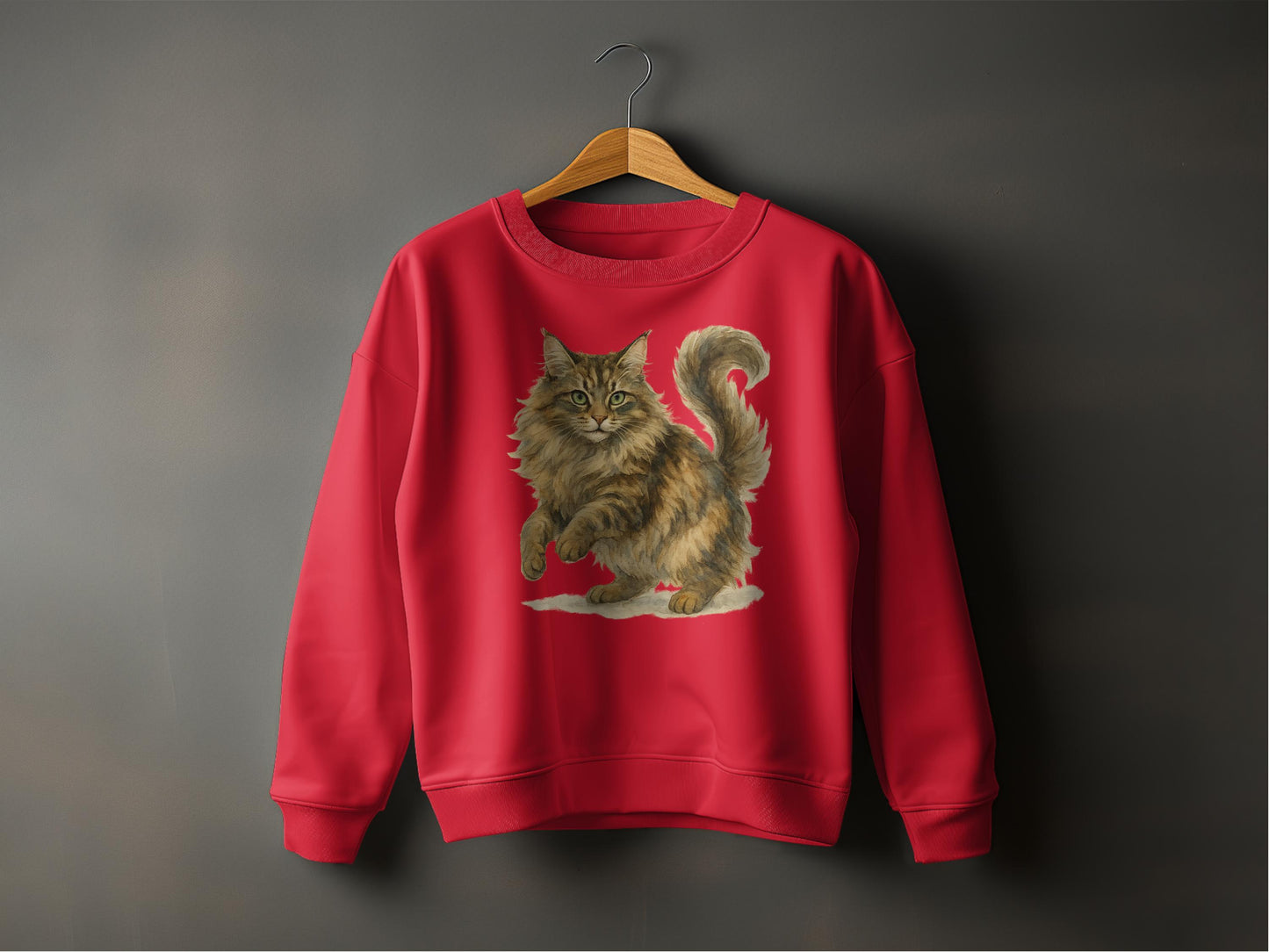Adorable Fluffy Cat Print on Stylish Red Sweatshirt product type