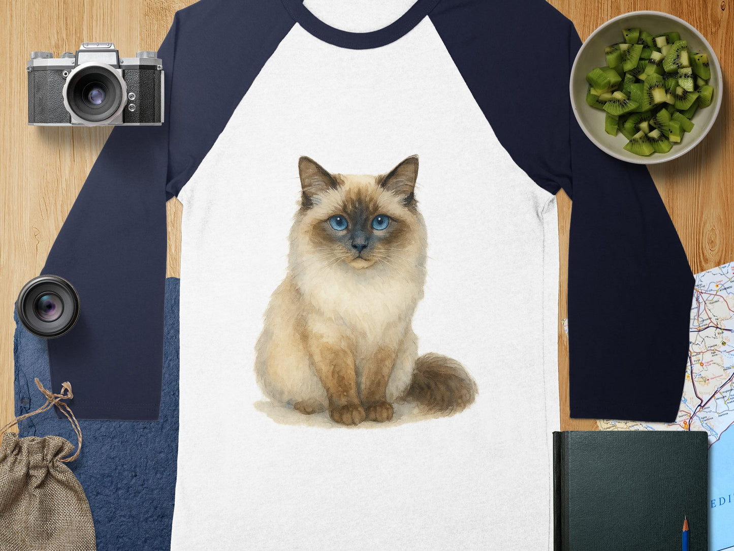 Blue Eyed Cat Print on White and Black Sleeve Shirt product type