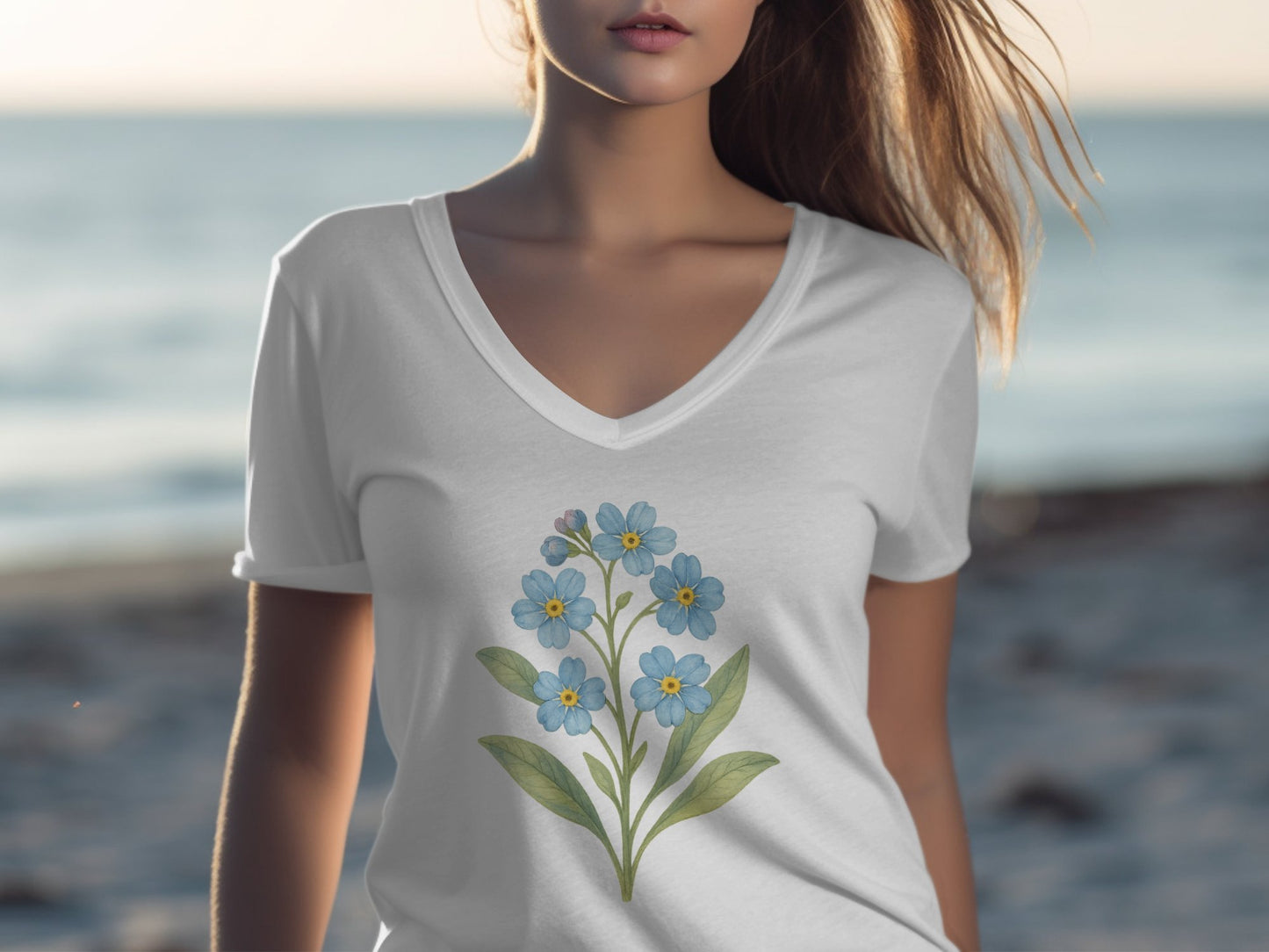 Beautiful Blue Floral Art Design on White Shirt product
