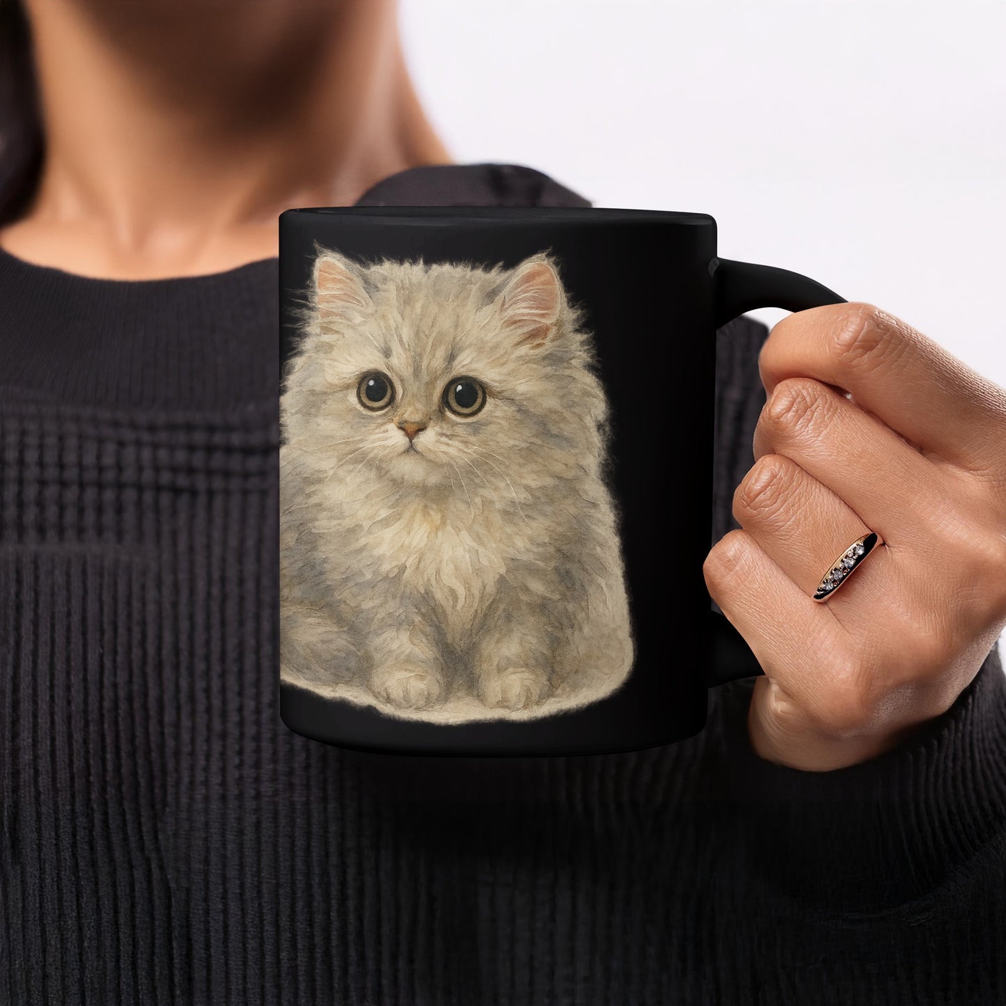 Adorable Fluffy Kitten Black Mug Perfect for Cat Lovers product