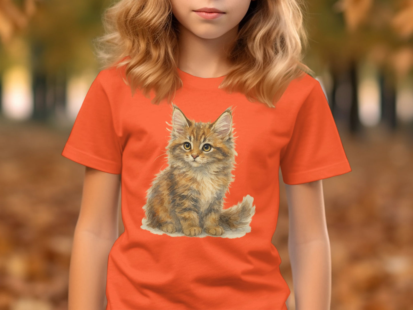 Adorable Kitten Illustration on Bright Orange Shirt product type