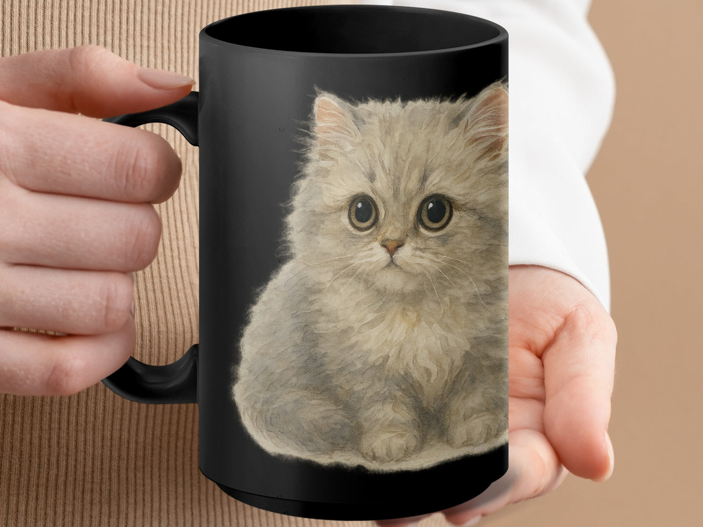 Cute Fluffy Kitten Design Black Mug for Cat Lovers product