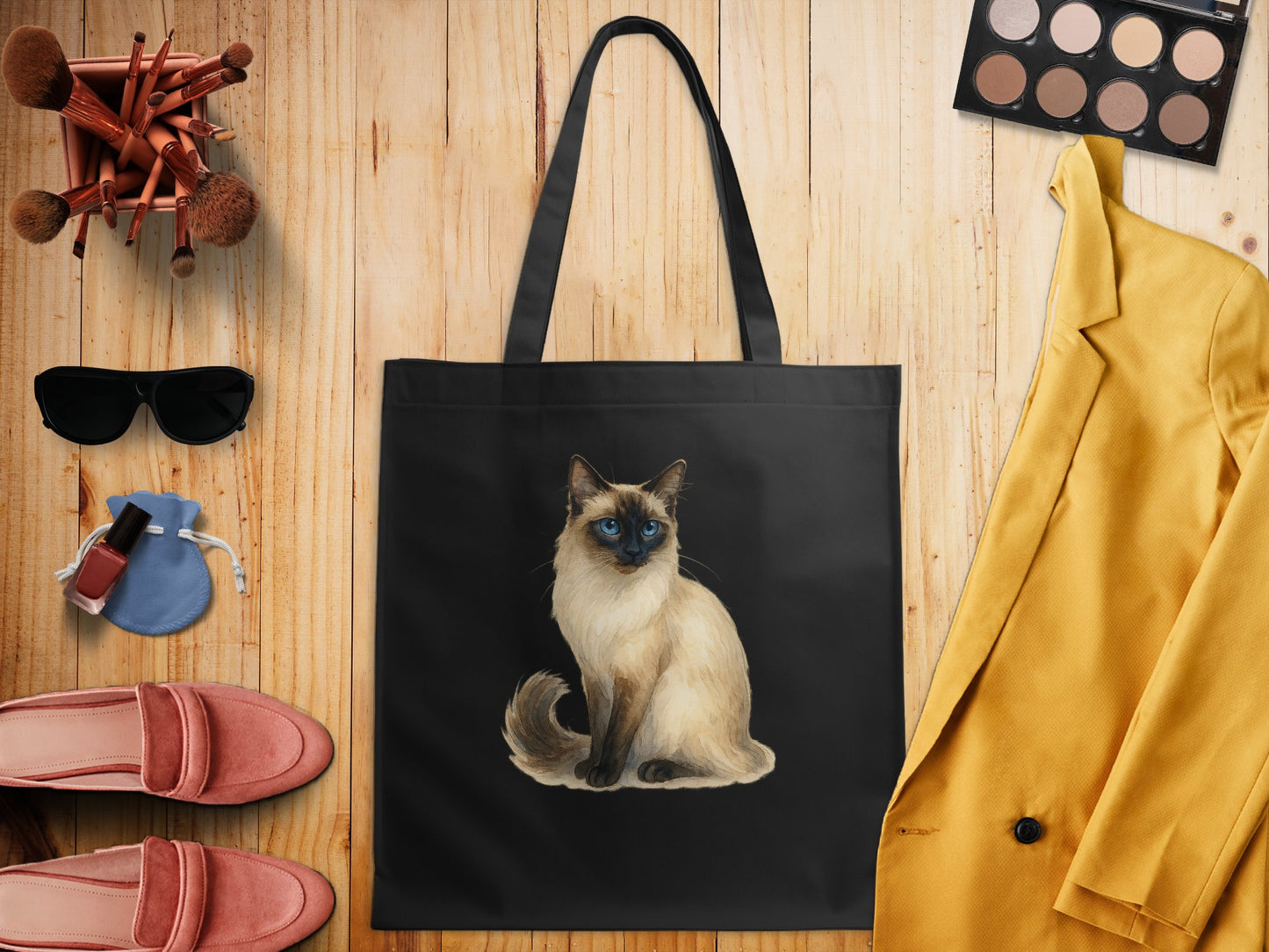 Stylish Siamese Cat Print Trendy Black Tote Bag product type