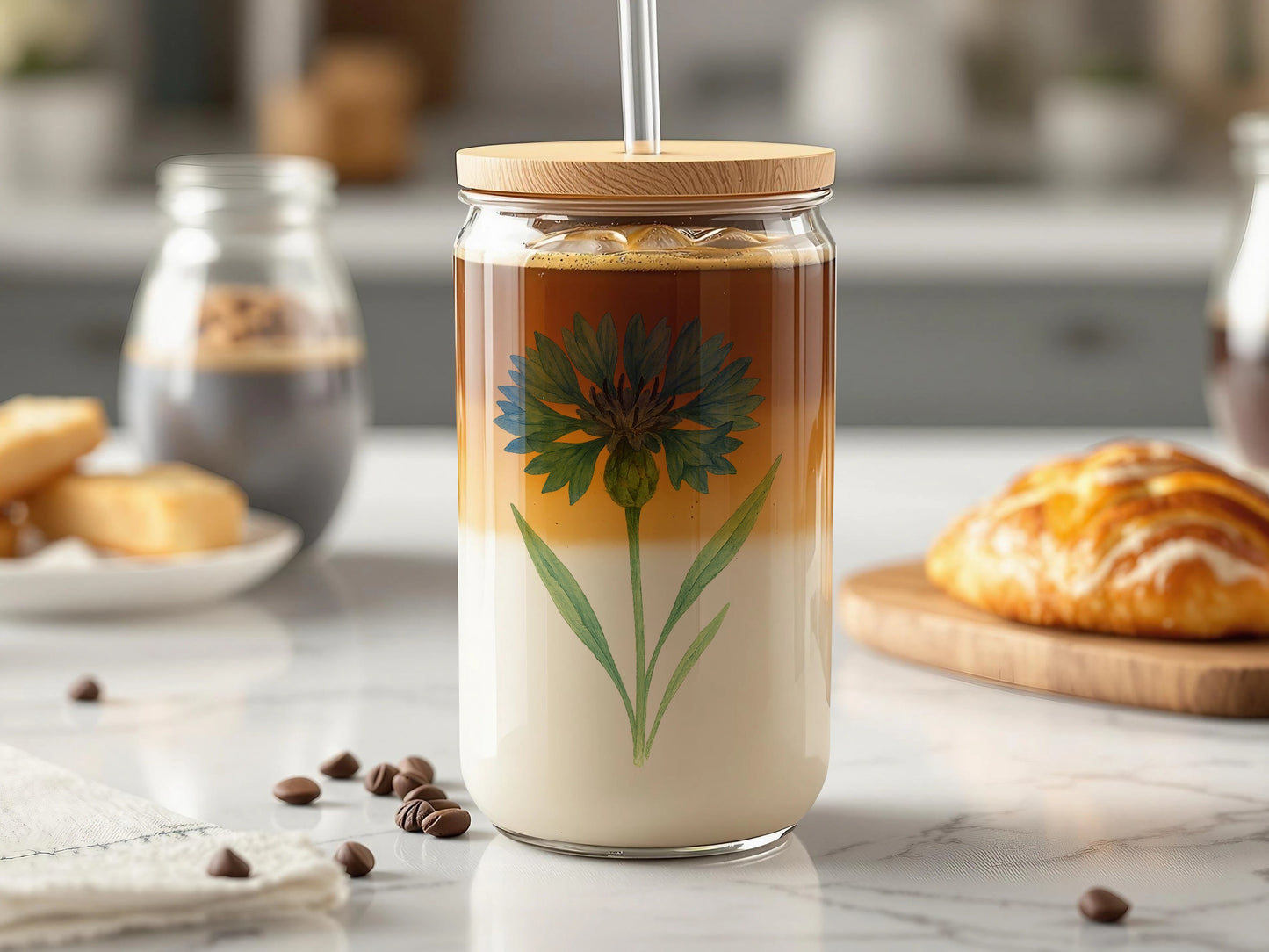 Elegant Floral Coffee Jar with Straw Beverage Container Product
