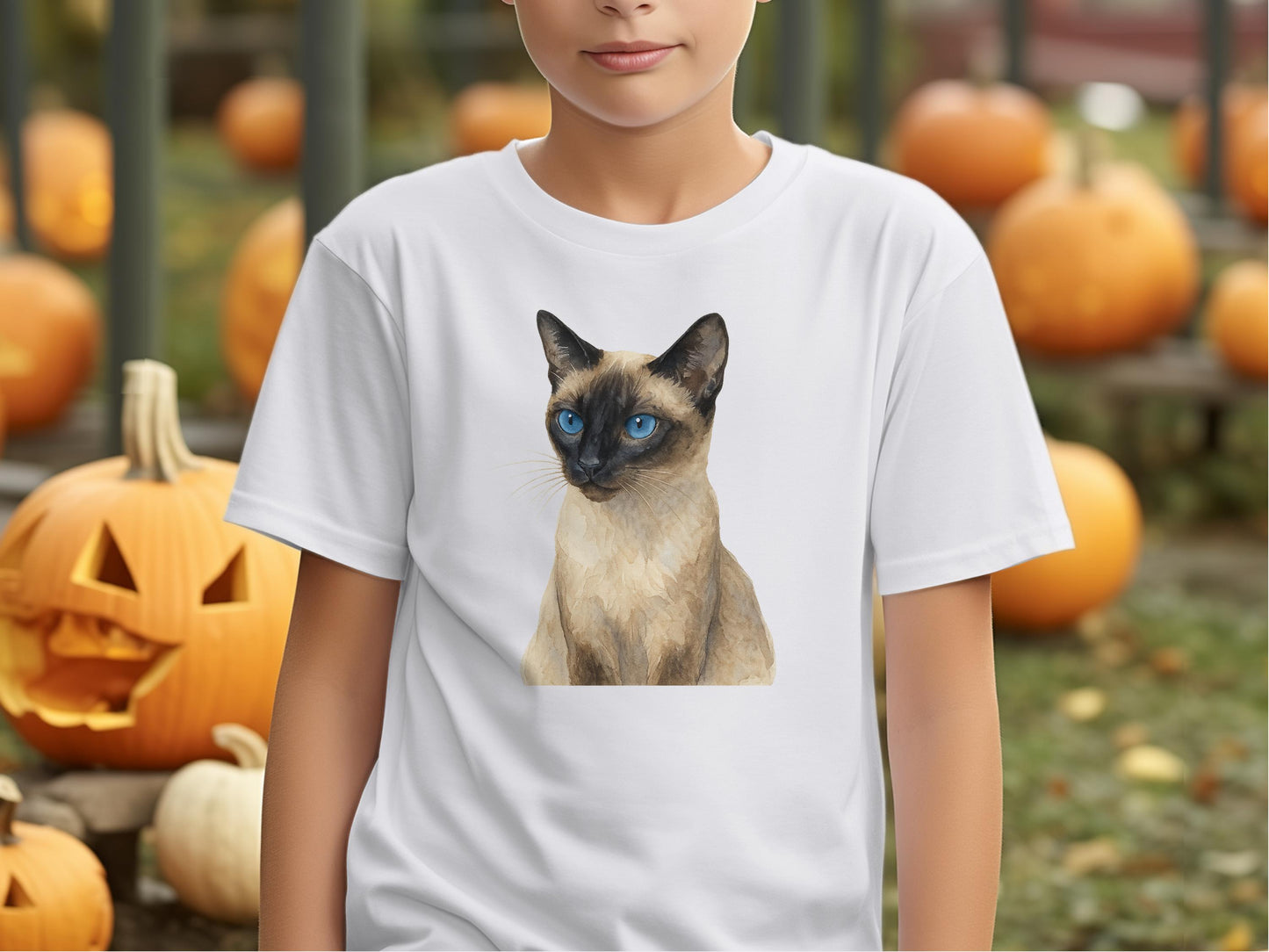 Siamese Cat Print Halloween Pumpkin Patch T-Shirt Product