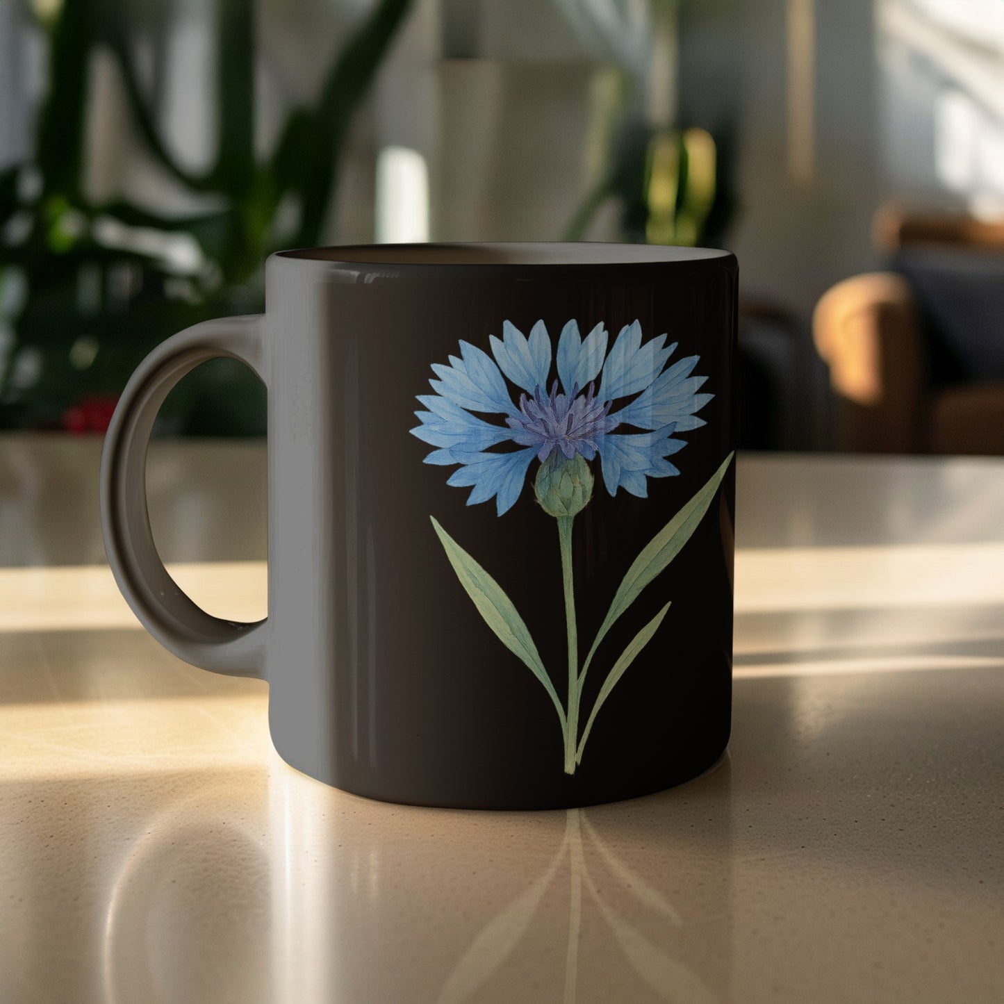 Elegant Black Mug with Blue Cornflower Design product type