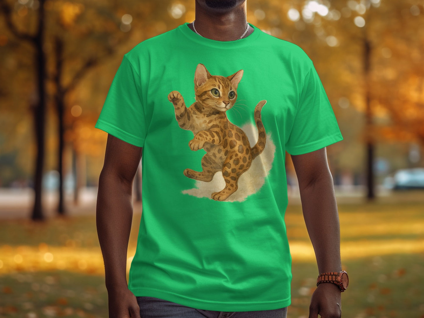 Adorable Playful Cat Design Green T-shirt product