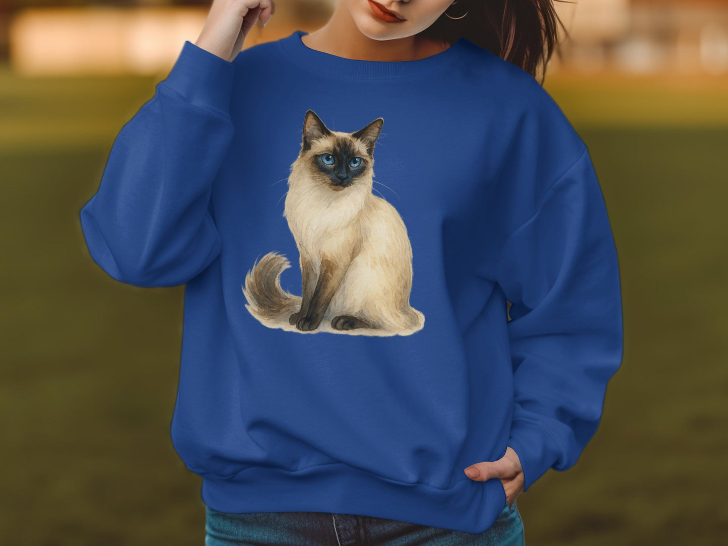 Blue Sweatshirt with Siamese Cat Design product type