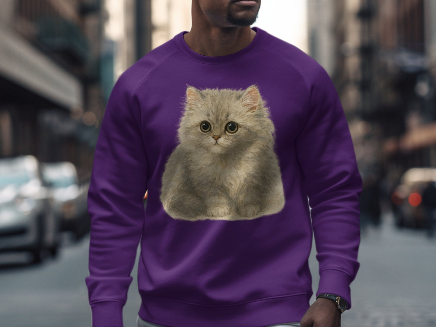 Cute Fluffy Kitten Graphic on Purple Sweatshirt product type