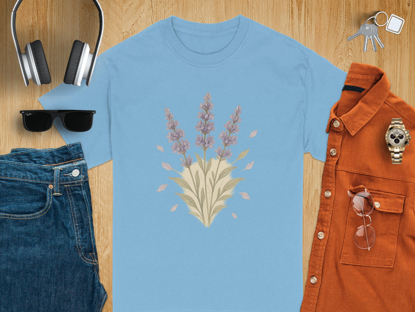 Blue Shirt with Lavender Floral Print Tee product