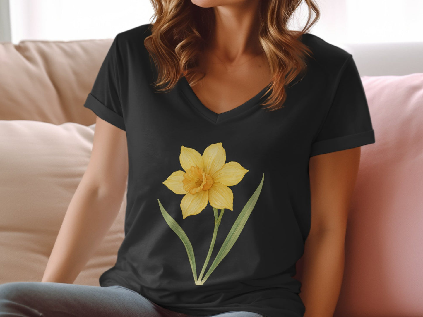 Yellow Daffodil Printed Black Tee Shirt product type