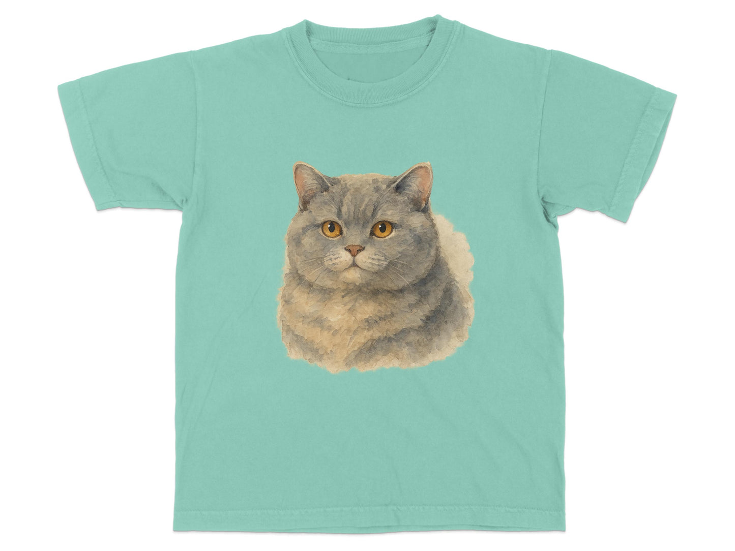 Cute Cat Illustration on Green T-Shirt product type