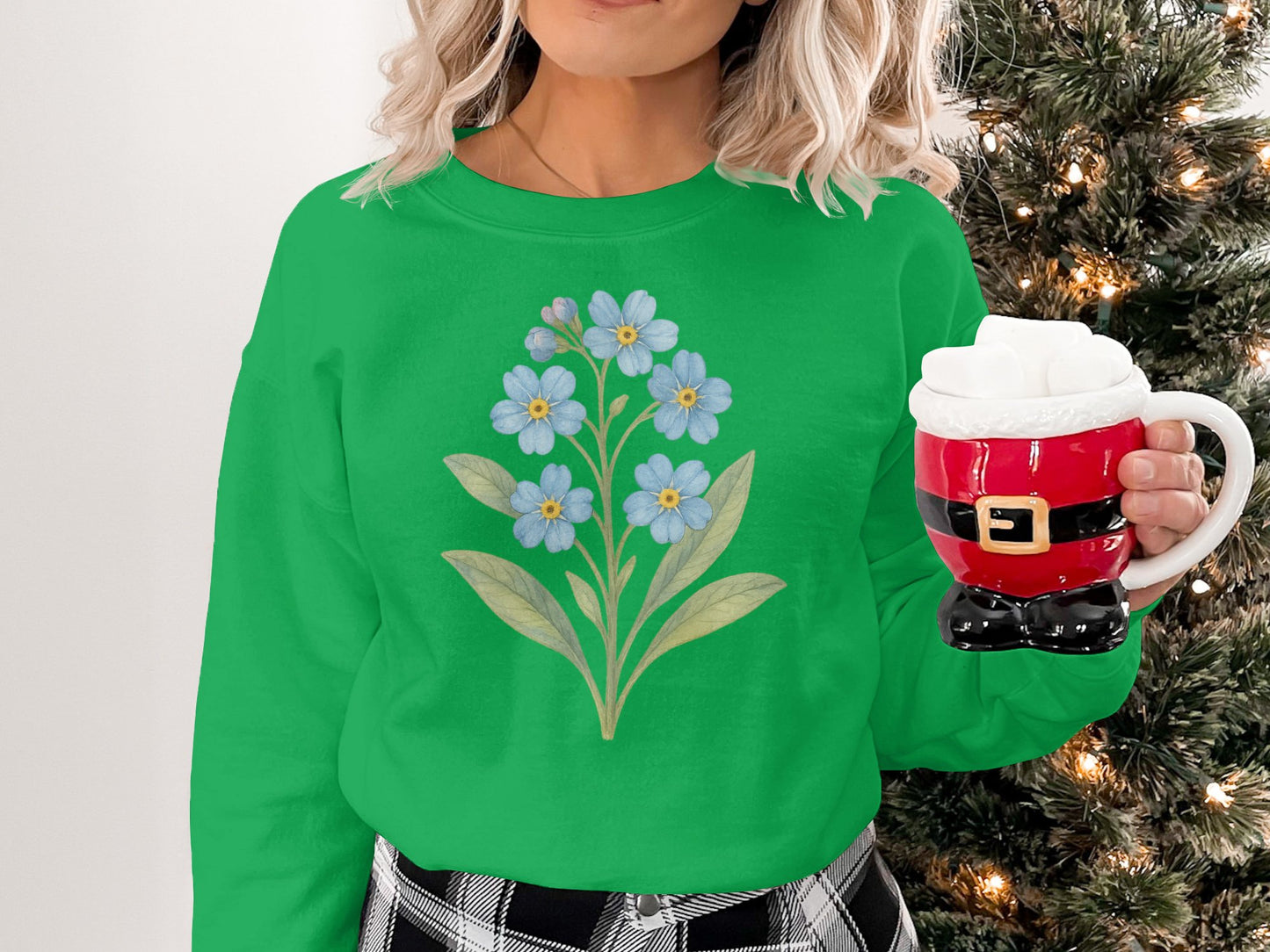 Festive Green Sweatshirt Featuring Blue Floral Design product