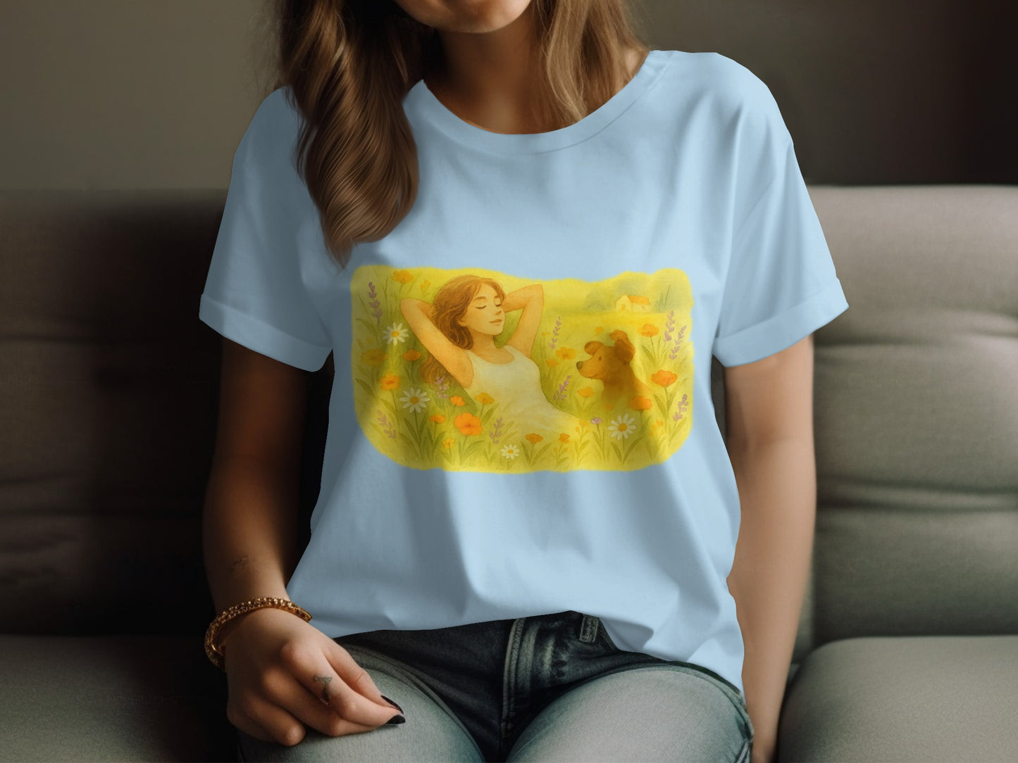 Woman Relaxing with Dog in Garden T-Shirt product type