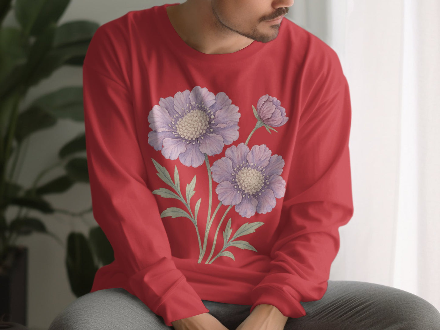 Red Sweatshirt with Lavender Floral Print Sweatshirt