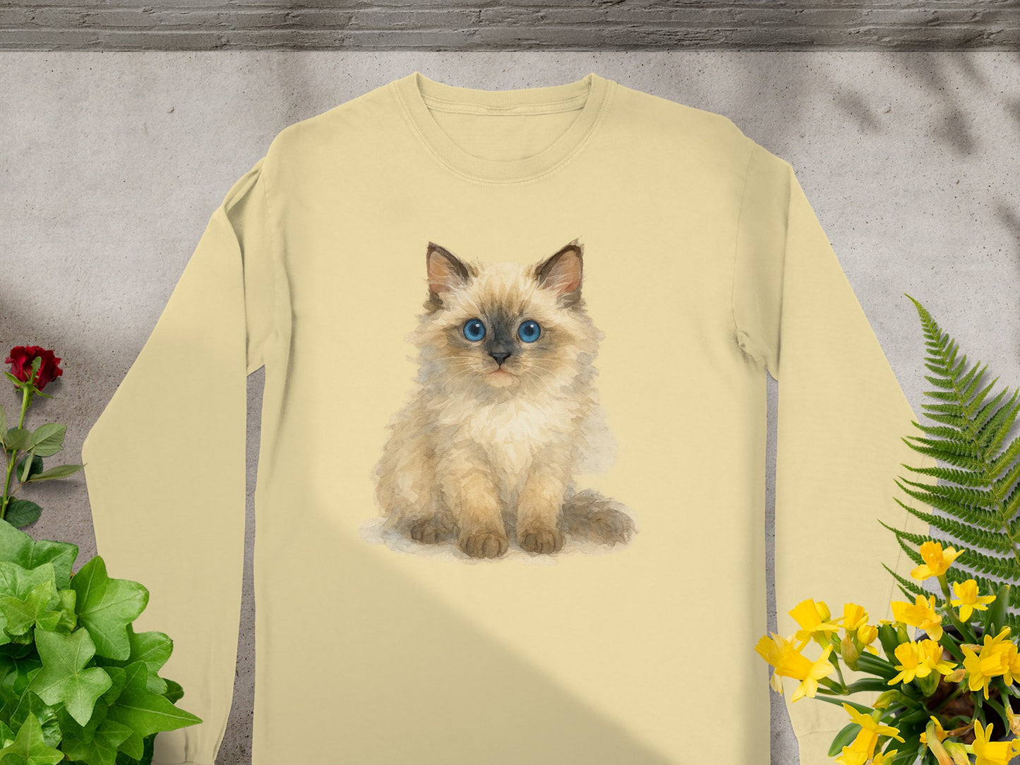 Cute Blue Eyed Kitten Print Beige Long Sleeve Shirt product