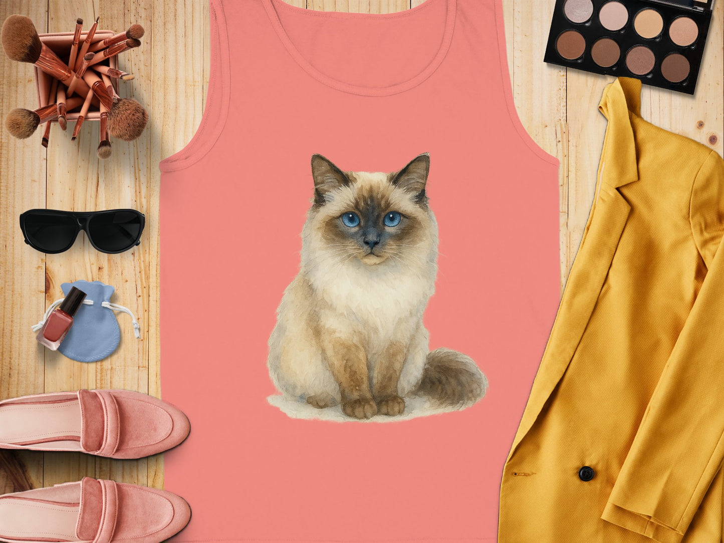 Cute Blue-Eyed Siamese Cat Design on Coral Tank product