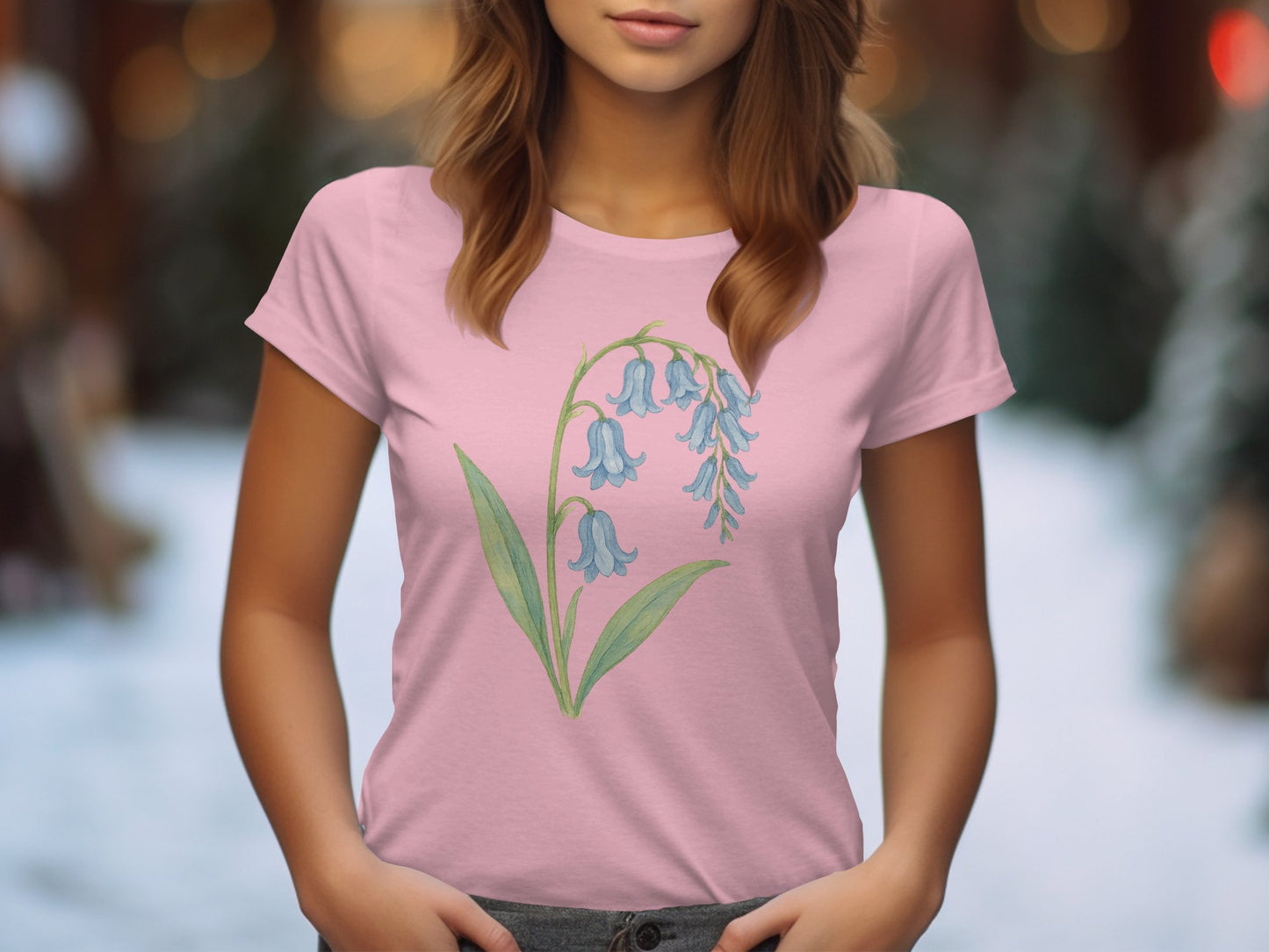 Women's Pink T-shirt Featuring Blue Bell Flower Design