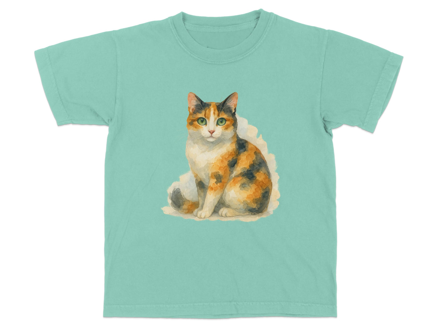 Watercolor Cat Illustration Teal Green T-shirt Product