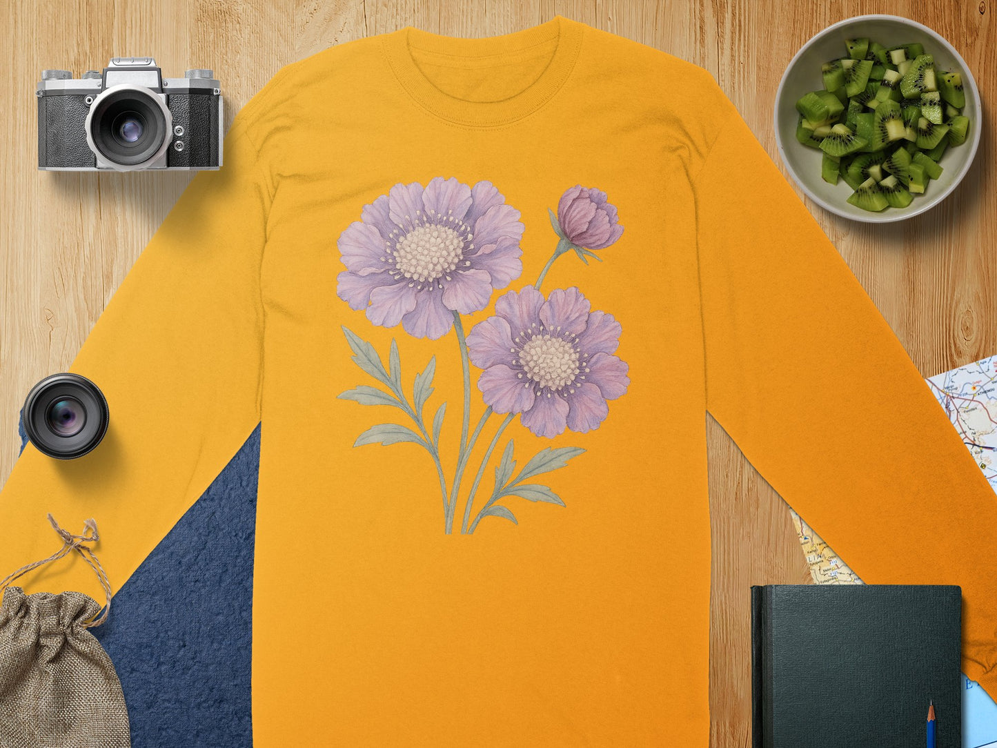 Purple Floral Artwork on Orange Long Sleeve Shirt product