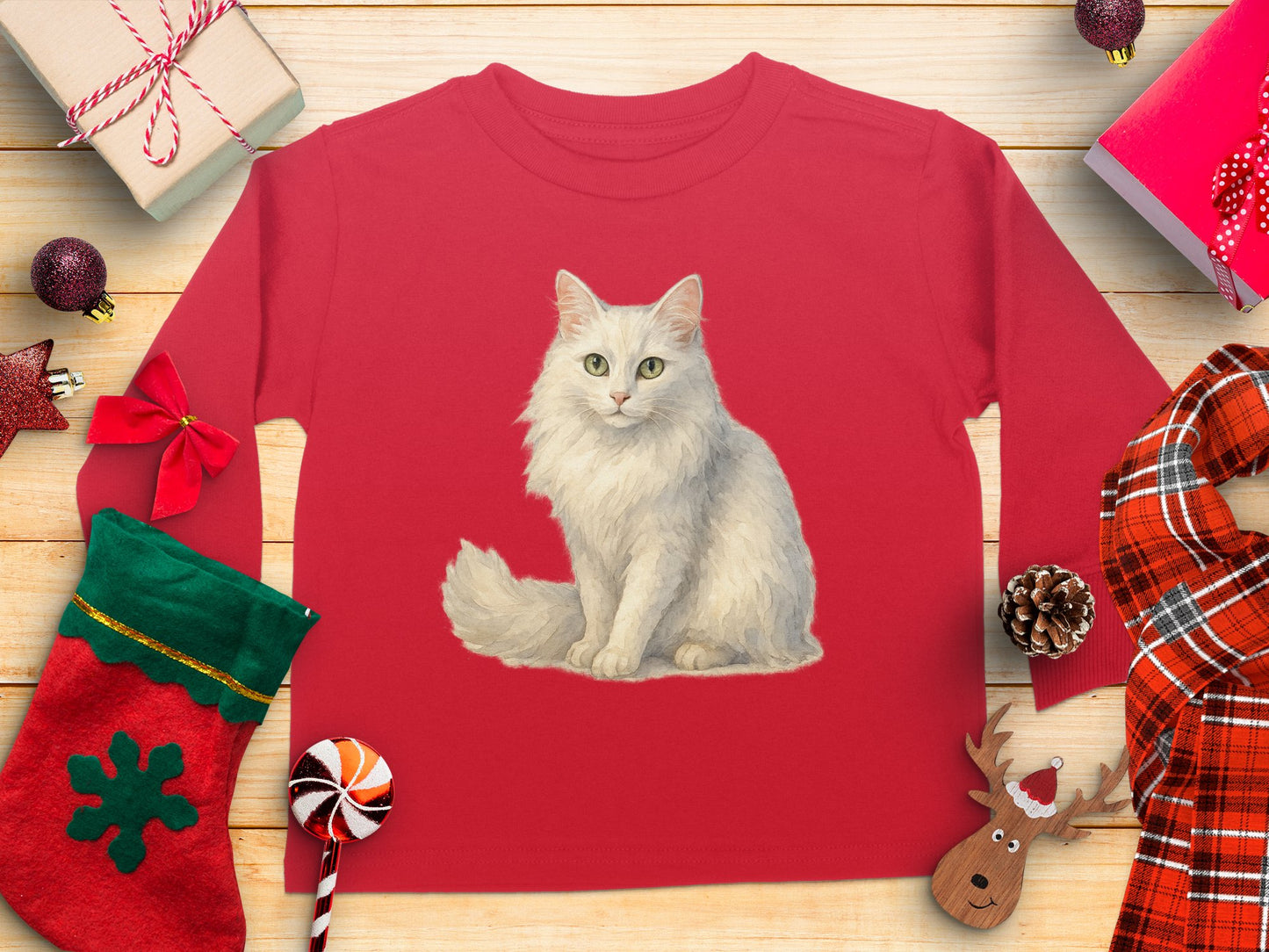 Festive White Cat Design on Red Apparel product