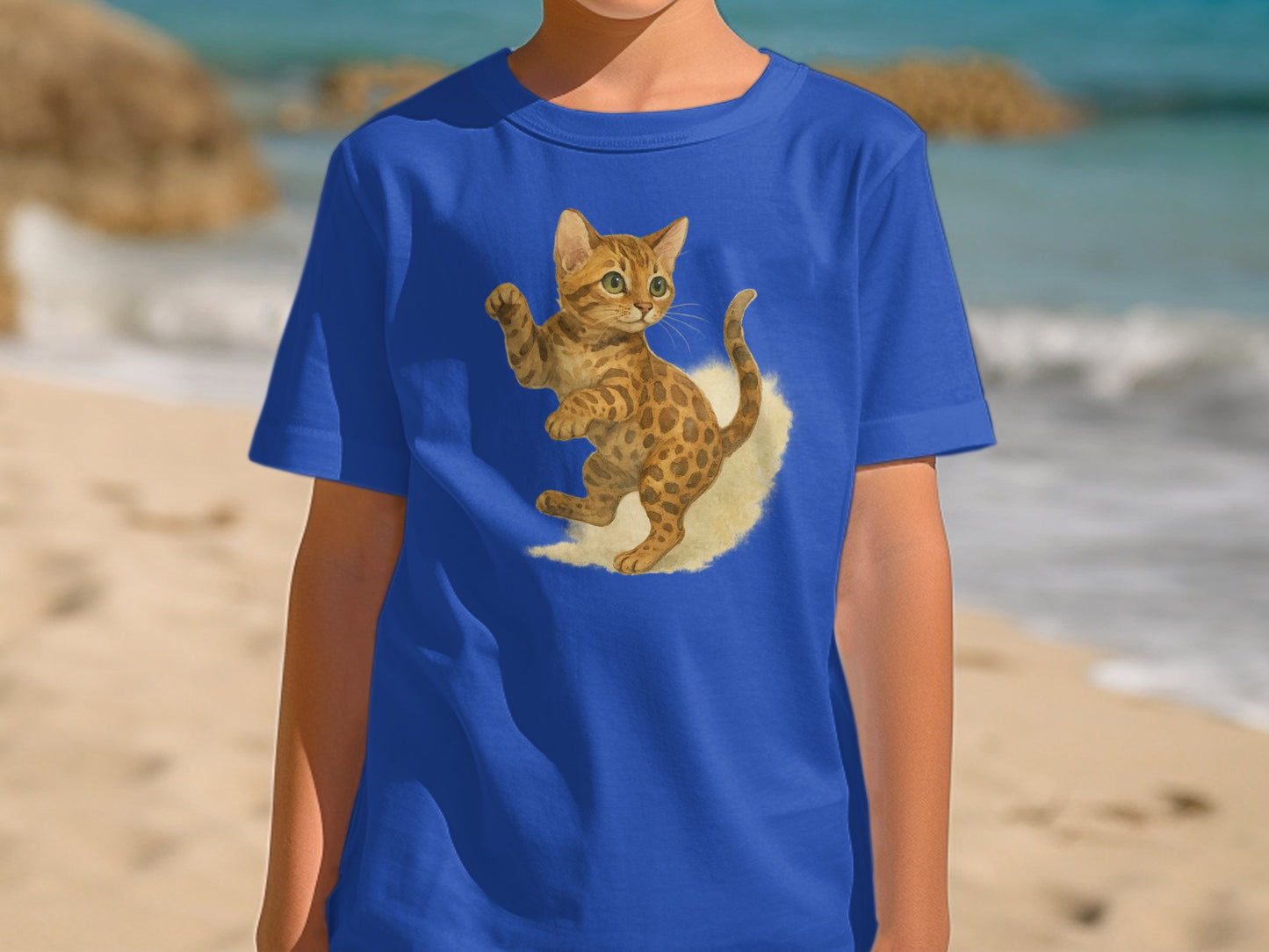 Playful Leopard Kitten Print on Royal Blue T-Shirt product type