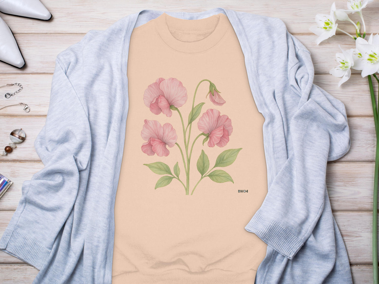 Beautiful Floral Design on Soft Beige Colored Apparel Product