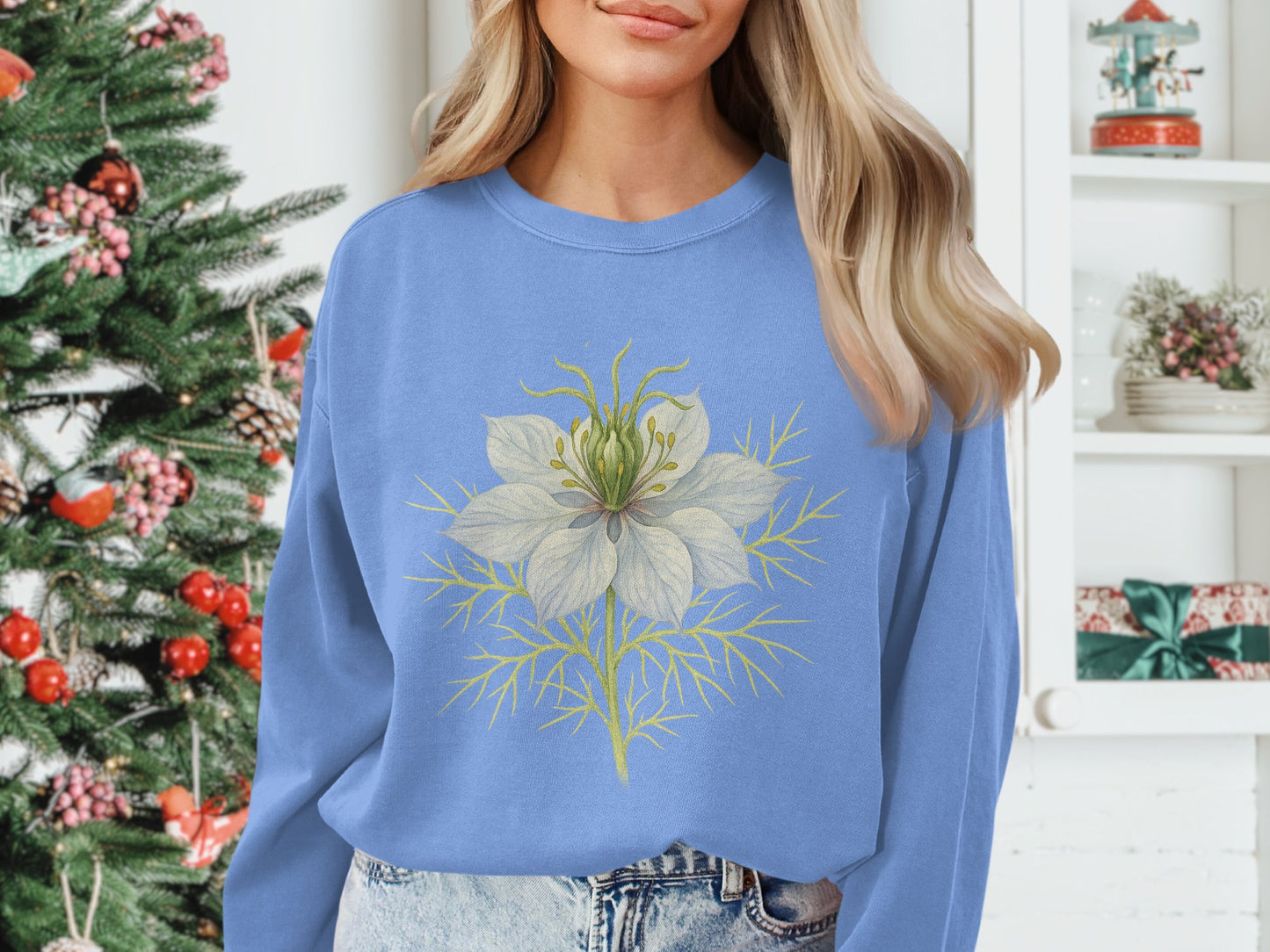 Cozy Blue Sweatshirt with Flower Design product type