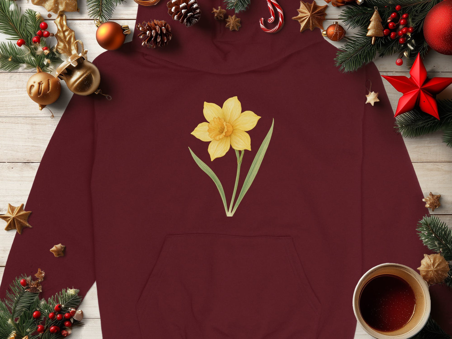 Festive Maroon Hoodie with Bright Daffodil Print product