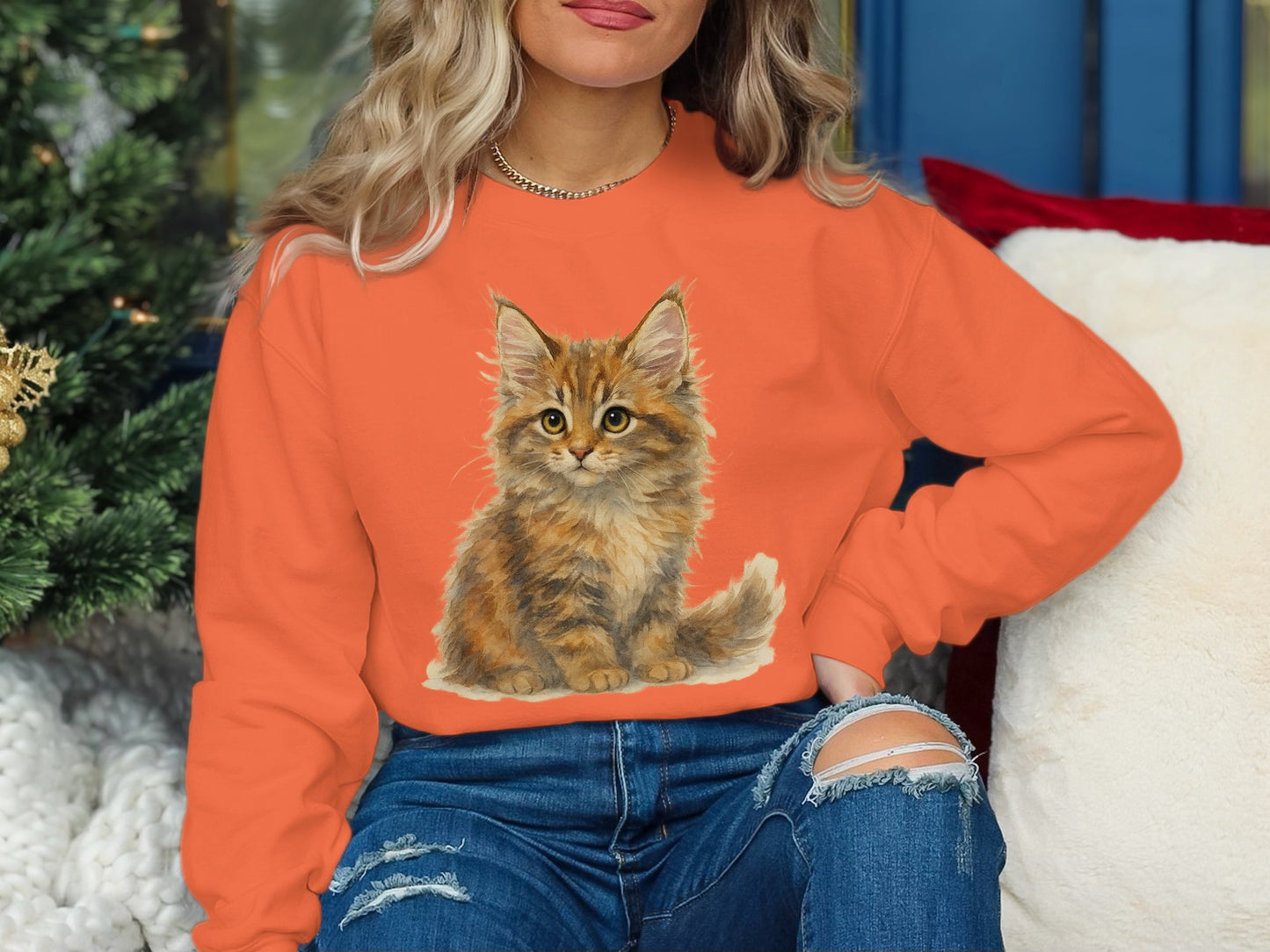 Cozy Orange Sweatshirt with Adorable Cat Print product