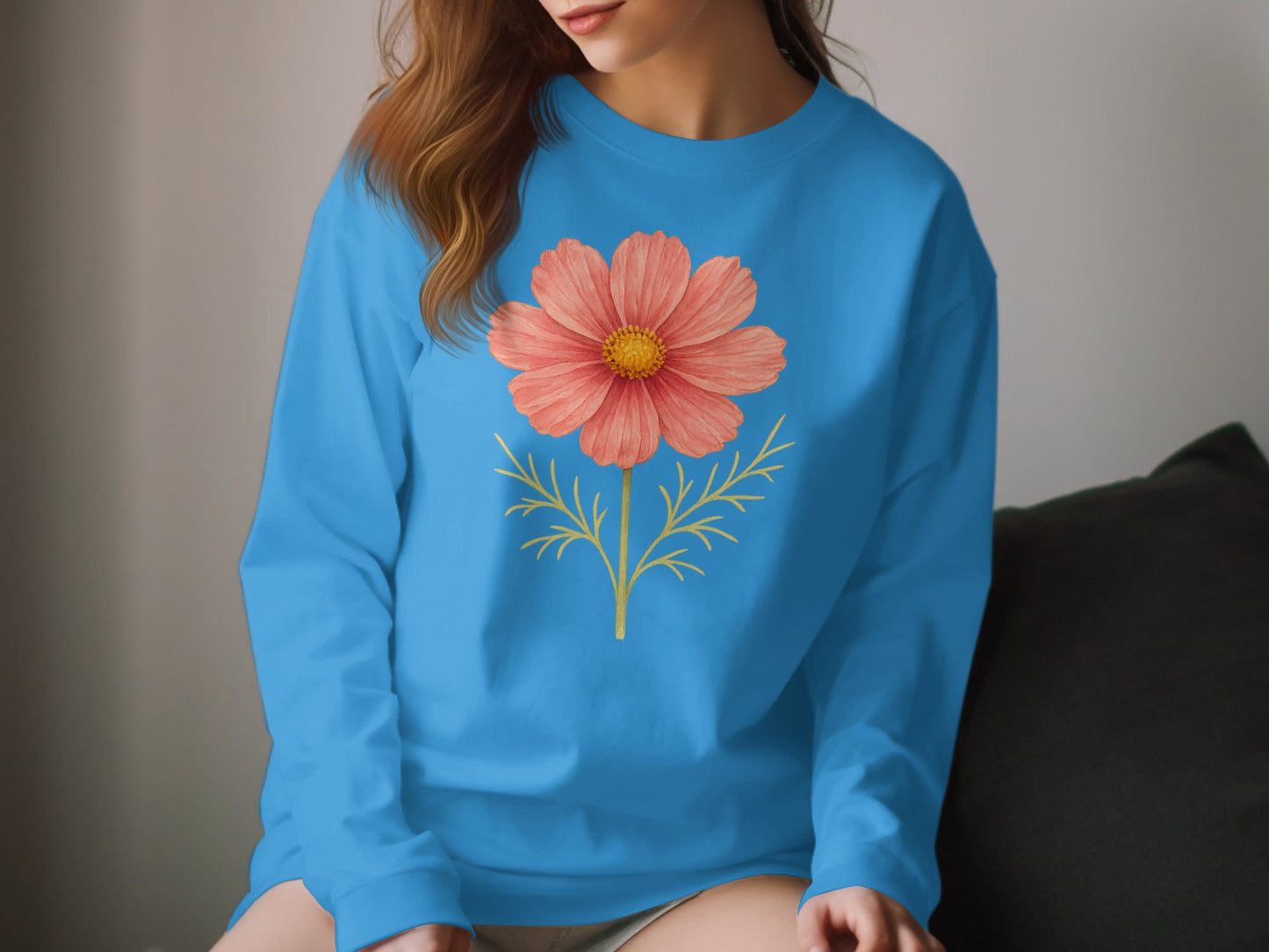 Bright Blue Long Sleeve Shirt with Flower Print product