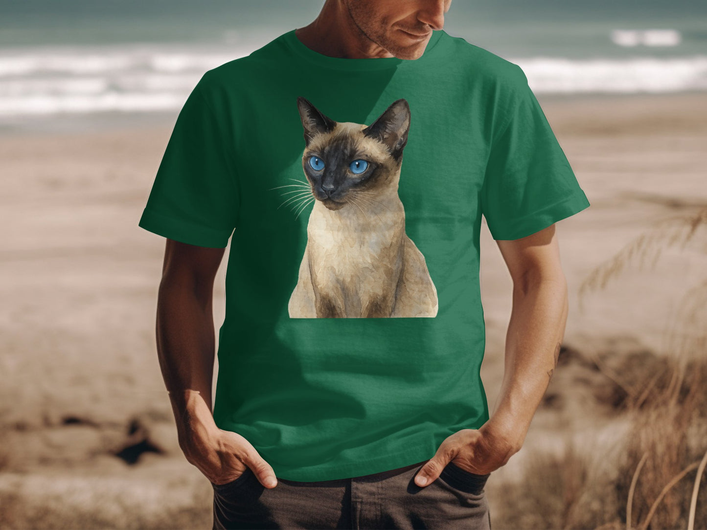 Green Tee Featuring Realistic Cat Design on Shirt product type